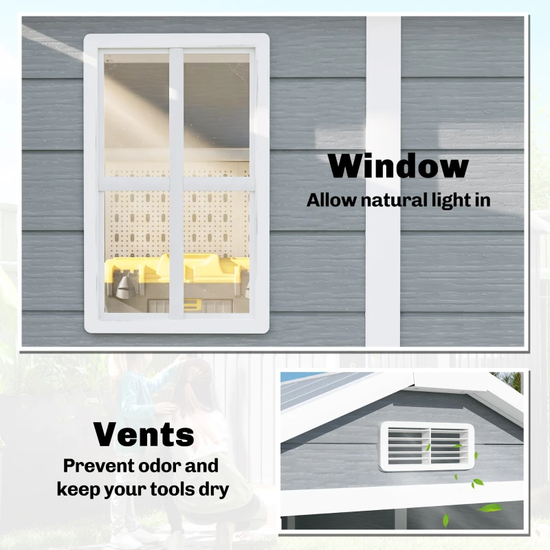 Outsunny 4' x 6' Outdoor Storage Shed, Plastic Shed with Floor, Window, Lockable Door and Vents for Outdoor Patio Storage, Gray