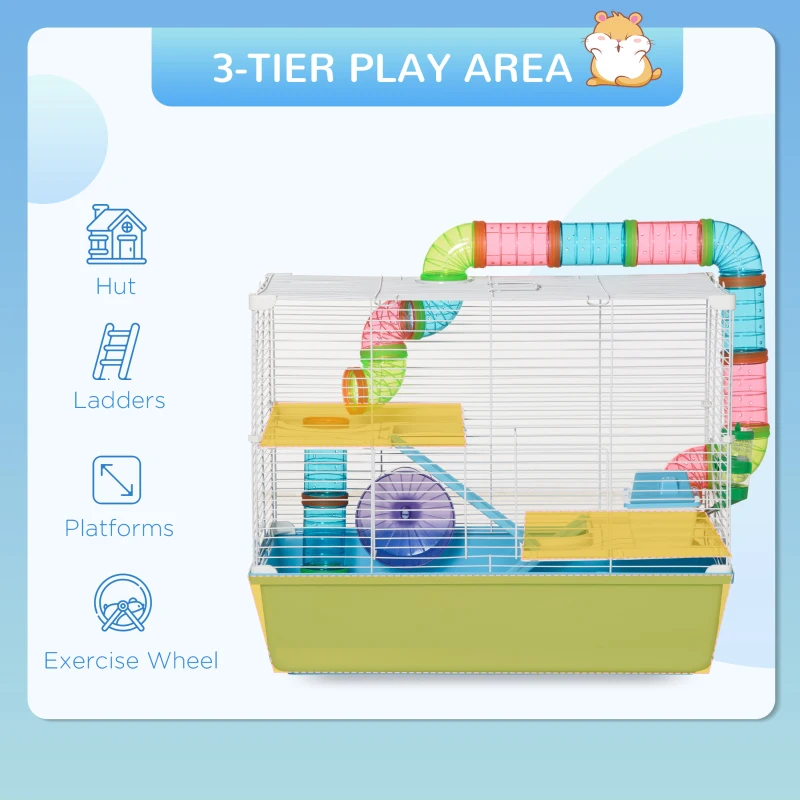 PawHut 3-Tier Large Hamster Cage with Tubes and Tunnels, Portable Carry Handles, Toy-Filled Steel Small Animal House, Includes Exercise Wheel, Water Bottle, Food Dish, 23" x 14" x 18.5", Light Blue