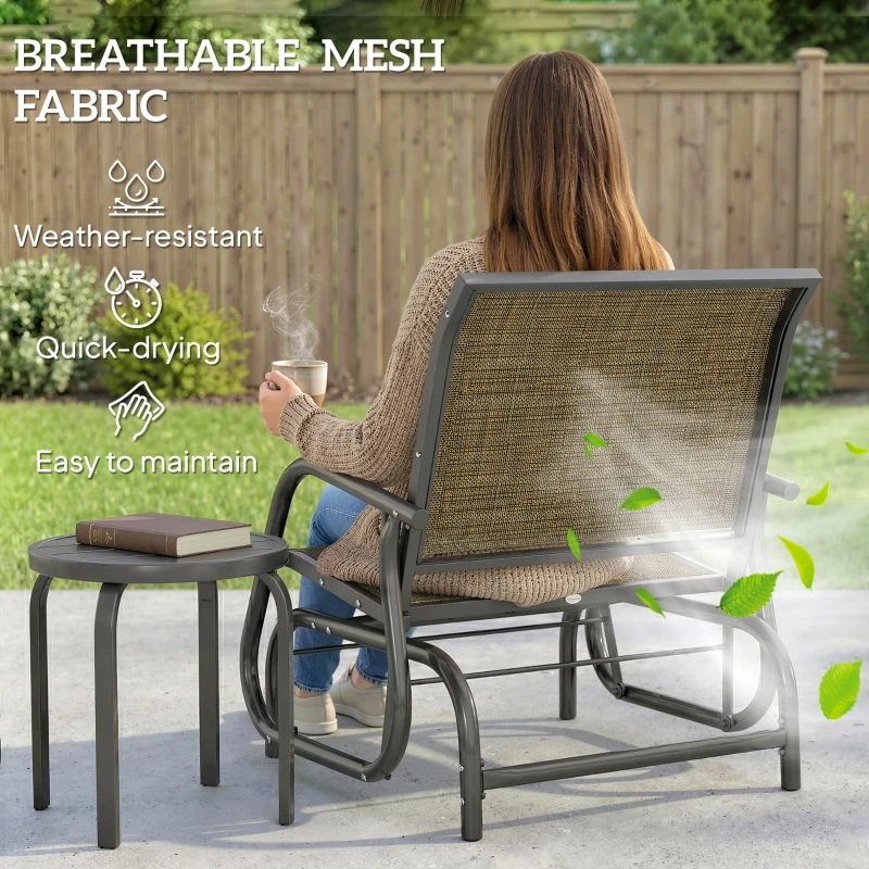 Outsunny Patio Glider Outdoor Glider Chair with Breathable Mesh Seat & Backrest, Armrests and Metal Frame, Light Mixed Brown