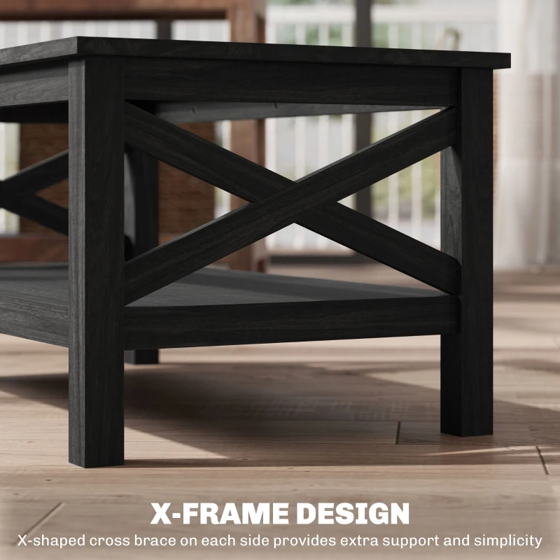 HOMCOM Coffee Table with Tempered Glass Tabletop, Living Room Table with Wood Frame and Underneath Storage Shelf, Black