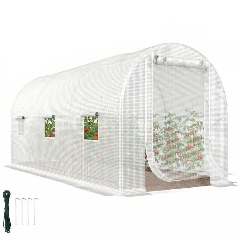 Outsunny Hoop House Greenhouse, Walk-in Tunnel Greenhouse with 2 Support Rods, Zippered Roll-up Mesh Door, 14.6'x6.5'x6.6', White