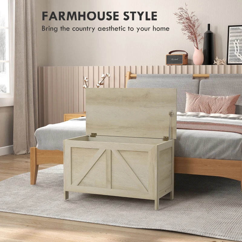 HOMCOM 30" Farmhouse Storage Bench, Lift Top Storage Chest with Safety Hinge to Open Up 100°, Wooden Trunk for Bedroom, Entryway, Living Room, Natural
