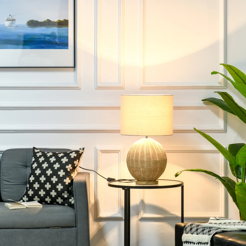 HOMCOM Nautical Style Table Lamp, Bedside Reading Light with White Fabric Lampshade and Rattan Base for E26 LED or Halogen Bulb for Living Room, Natural