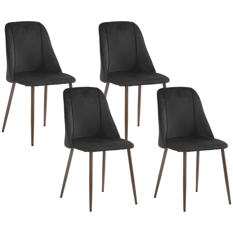 HOMCOM Upholstered Dining Chairs Set of 4, Velvet Accent Chair with Back and Wood-grain Steel Leg for Kitchen, Black