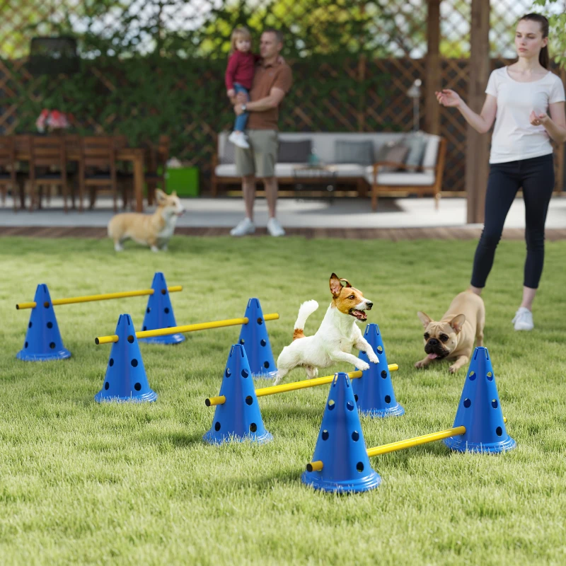 PawHut Dog Agility Hurdle Cone Set, Adjustable Obstacle Course Equipment with 8 Cones & 8 Poles, Carry Bag, Blue