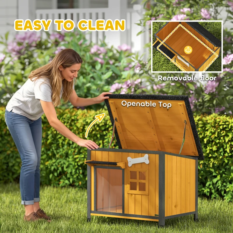 PawHut Outdoor Dog House with Anti-Chewing Steel Frame, Openable Roof, Removable Floor, Door Curtain, Yellow