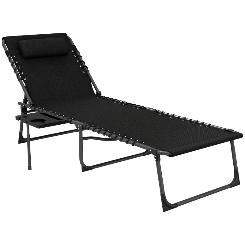 Outsunny Folding Outdoor Chaise Lounge Chair Tanning Chair with 5-Level Adjustable Back, Side Table, Pillow, Pocket, Black