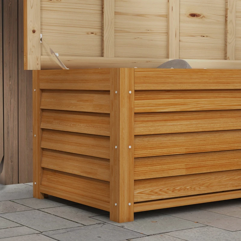 Outsunny 176L Outdoor Storage Box, Wooden Deck Storage Container with 2 Safety Hinges for Balcony, Porch, Poolside, Light Brown