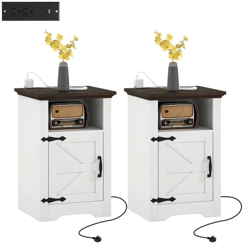 HOMCOM Set of 2 Side Tables, Night Stands with Charging Outlets, White