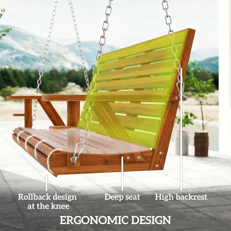 Outsunny 3-Seater Swing Bench, Wooden Porch Swing with Cupholders, Hanging Chains for Patio Garden, Carbonized