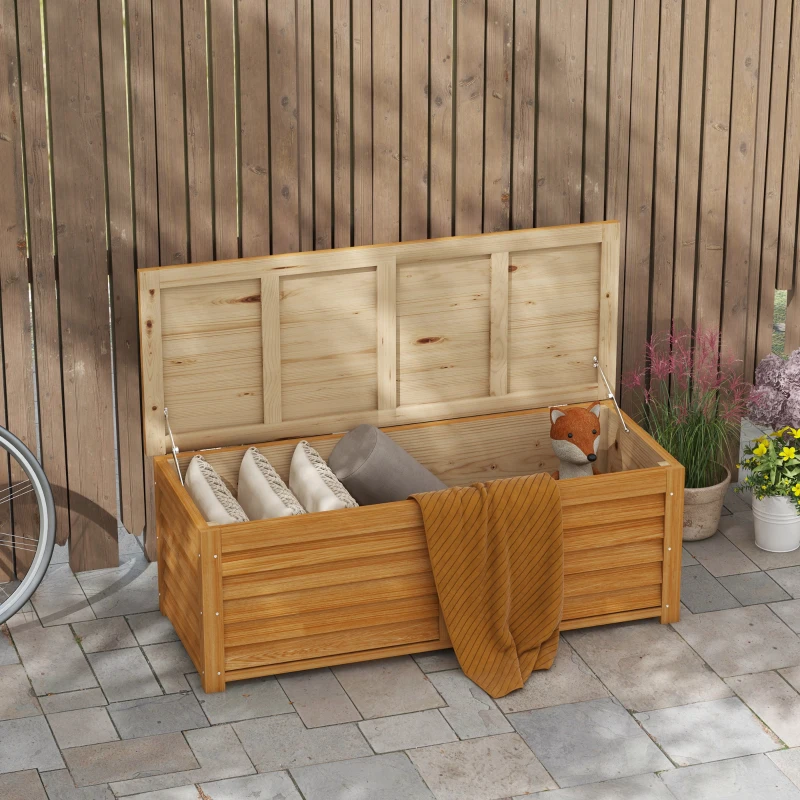 Outsunny 176L Outdoor Storage Box, Wooden Deck Storage Container with 2 Safety Hinges for Balcony, Porch, Poolside, Light Brown