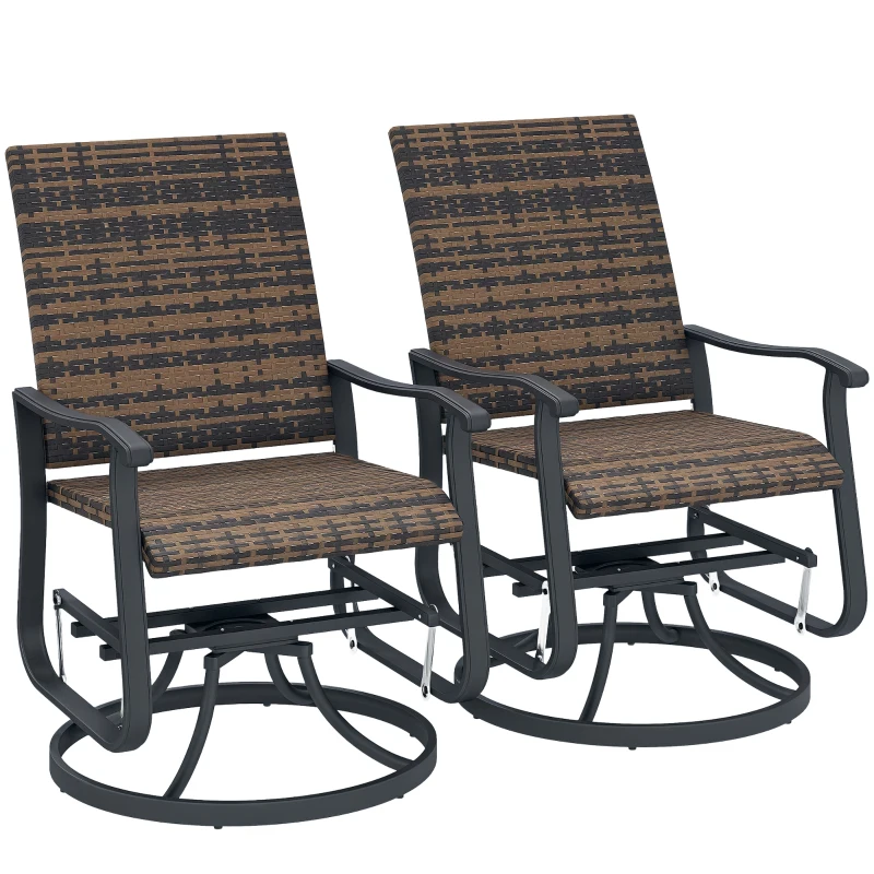 Outsunny Wicker Rattan Swivel Patio Glider Chair Set of 2, Outdoor Glider Chair with Steel Frame, High Back, Brown