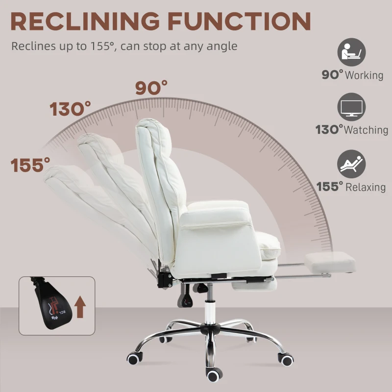 HOMCOM PU Leather Executive Office Chair, Ergonomic and Reclining Office Desk Chair with Footrest, White