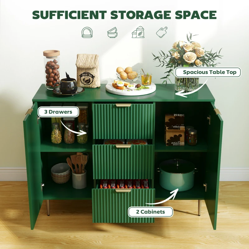 HOMCOM Modern Kitchen Storage Cabinet, Sideboard Buffet Cabinet w/ 3 Drawers and Adjustable Shelves for Kitchen Hallway, Green