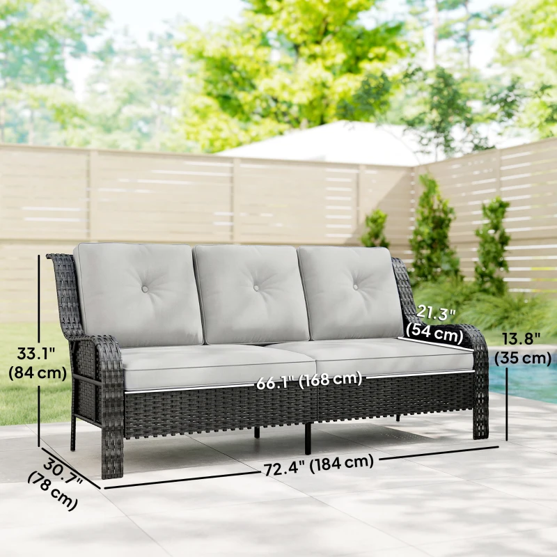 Outsunny Wicker Patio Sofa with Cushions, 3 Seater Rattan Outdoor Couch for Patio, Garden, Porch, Backyard, Light Grey