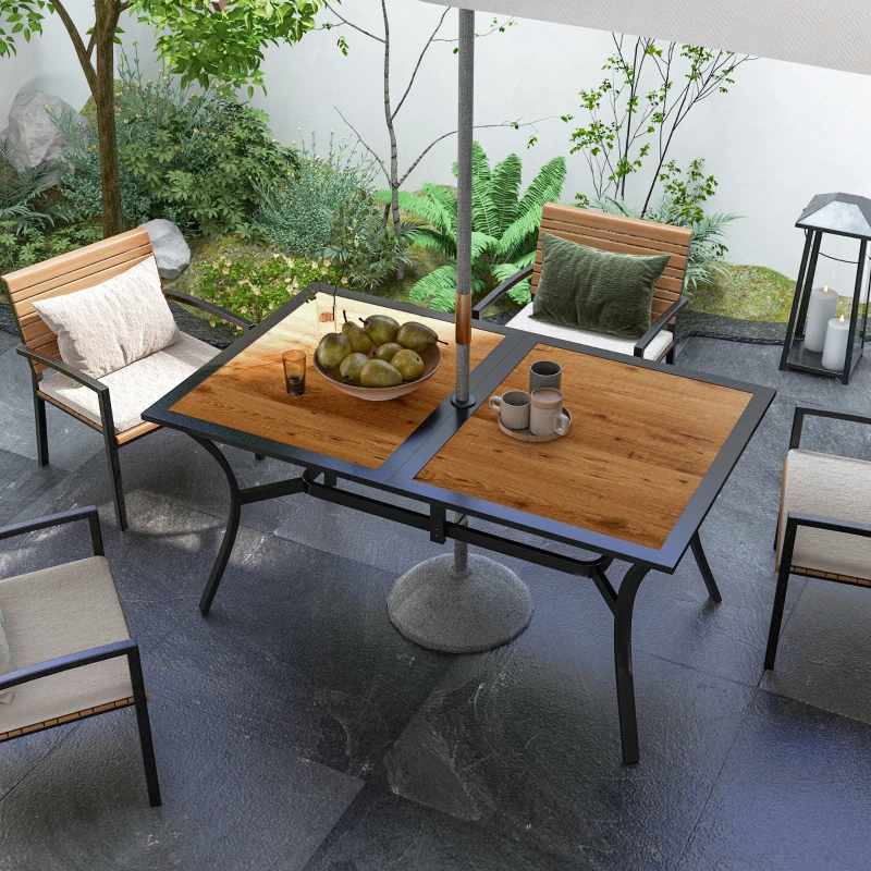 Outsunny Rectangular Patio Table with Umbrella Hole, Faux Wood Rectangle Outdoor Dining Table for 6 People for Garden, Brown