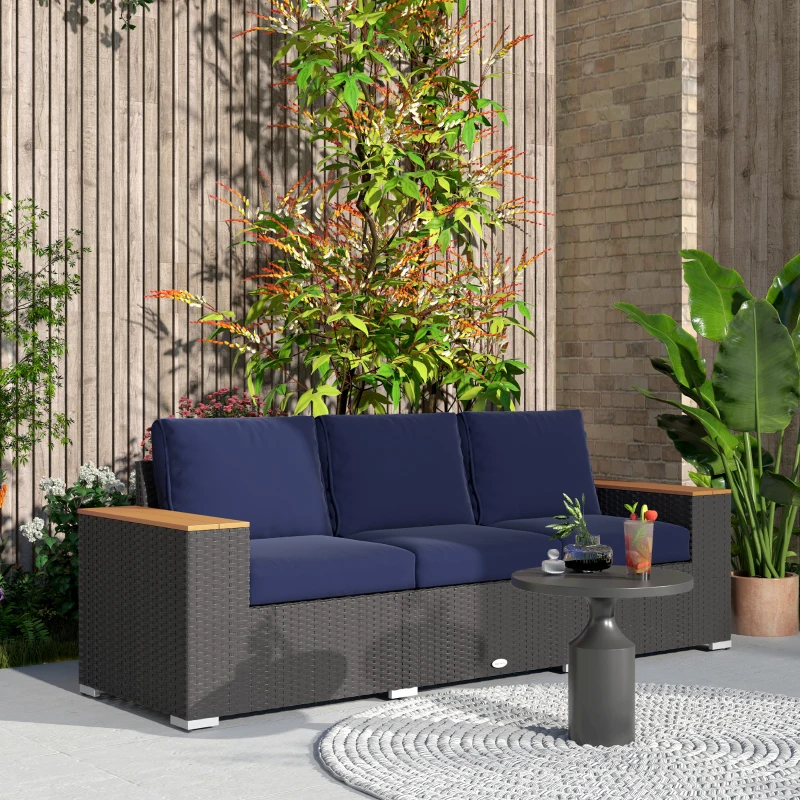 Outsunny 3-Seater Outdoor Sofa Couch, PE Wicker Patio Sofa with Cushions, Wood Grain Armrests, Dark Blue