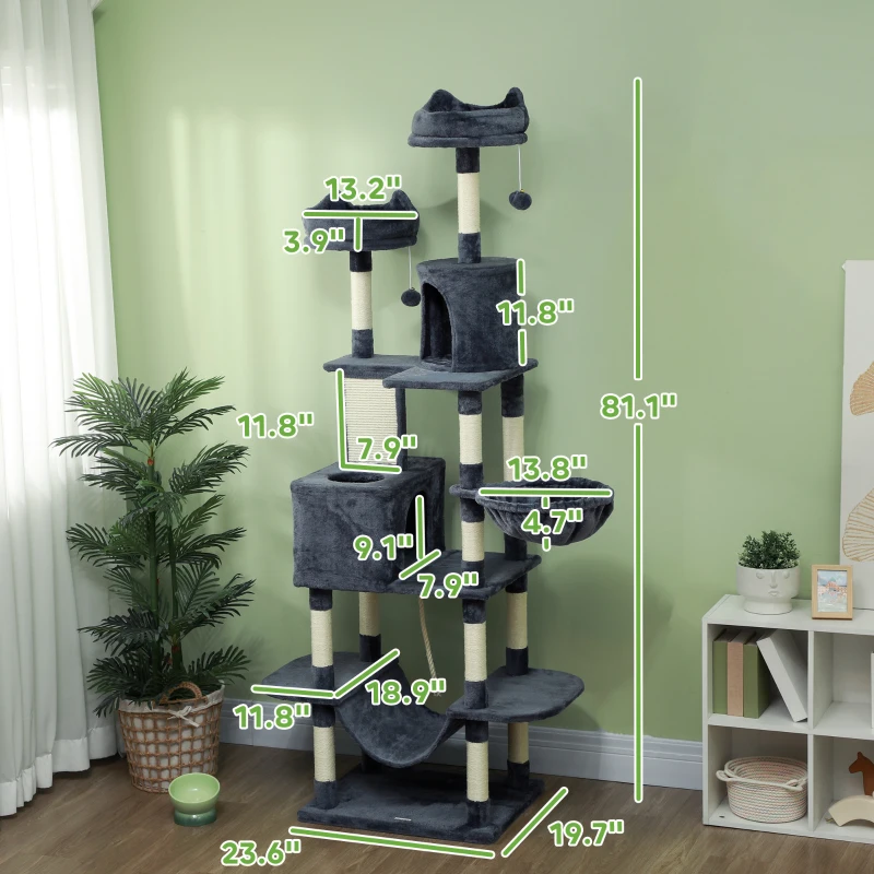 PawHut 81" Cat Tree w/ Cat Scratching Posts, Scratching Board, Condos, Beds, Hammocks, Toy Balls, Rope Cat Toy, Gray