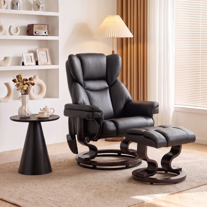 HOMCOM Massage Recliner Chair with Footrest, Swivel Armchair, Wrapped Wood Base, 10 Massage Points, Faux Leather, Black