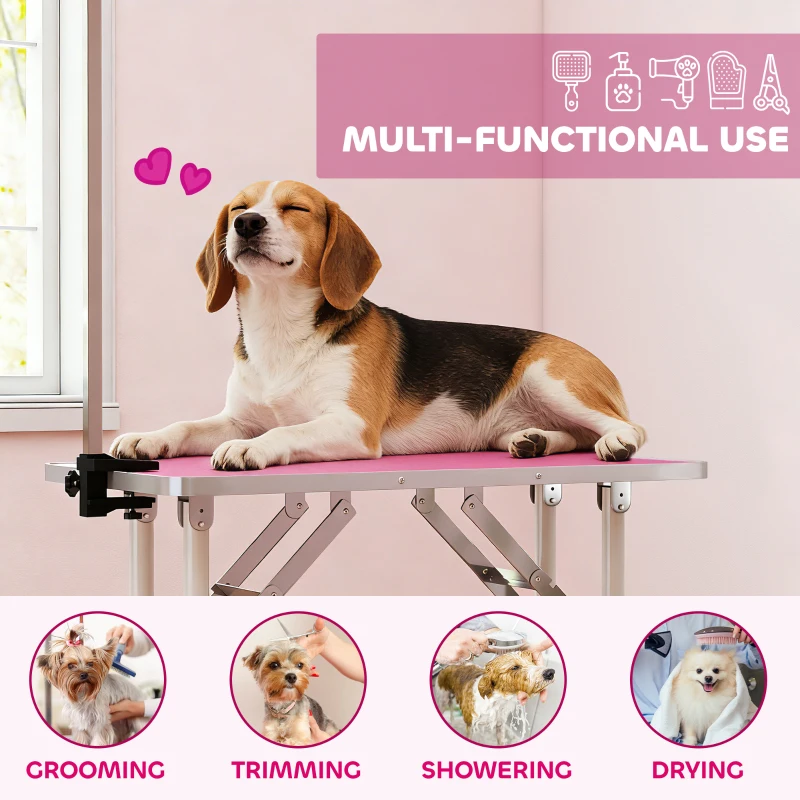 PawHut Foldable Pet Grooming Table for Dogs Cats with Adjustable Arm, Non-slip Surface, Pink