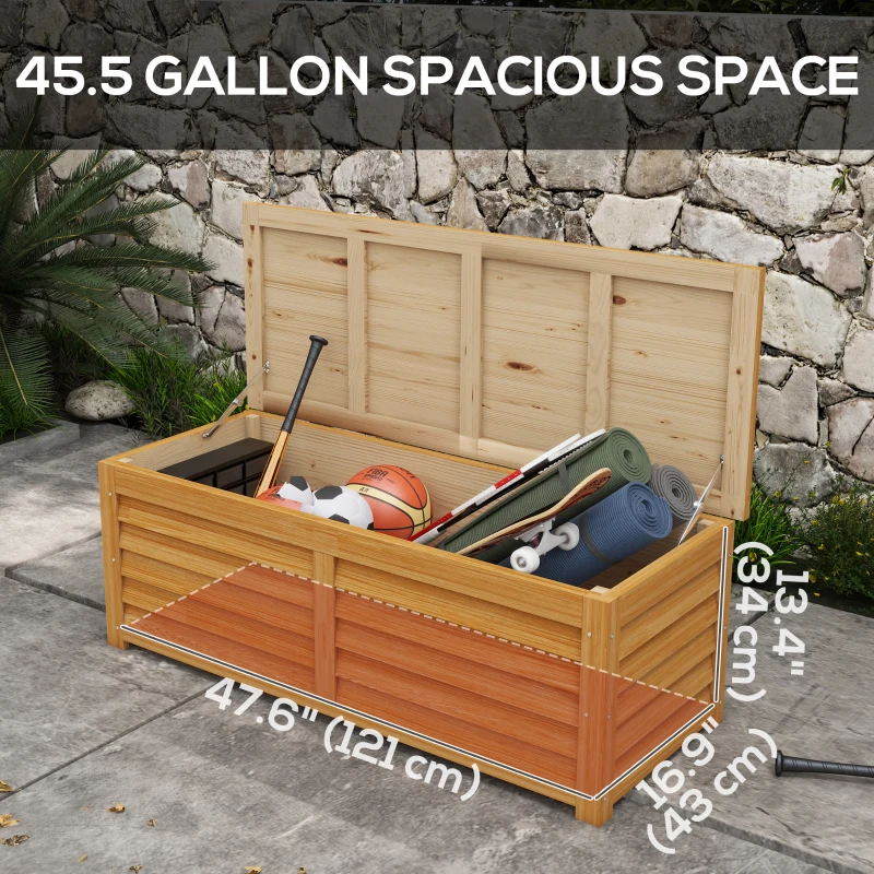 Outsunny 176L Outdoor Storage Box, Wooden Deck Storage Container with 2 Safety Hinges for Balcony, Porch, Poolside, Light Brown