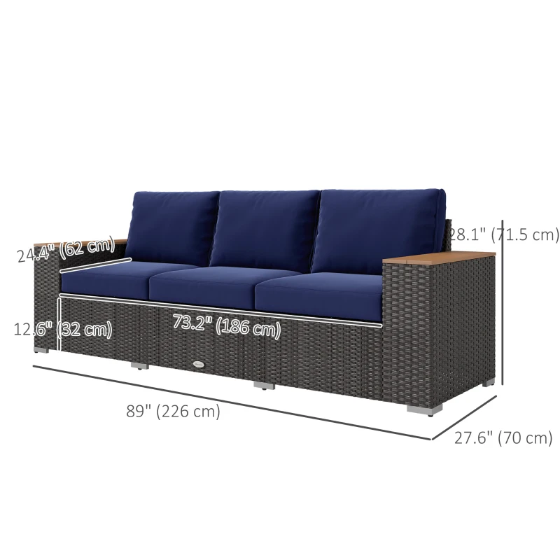 Outsunny 3-Seater Outdoor Sofa Couch, PE Wicker Patio Sofa with Cushions, Wood Grain Armrests, Dark Blue