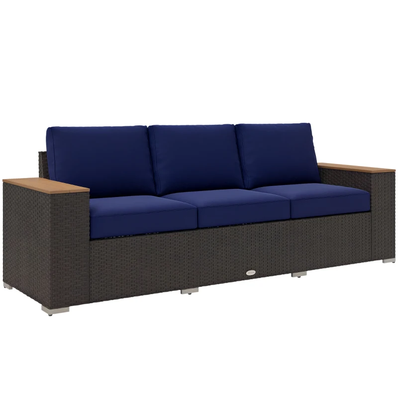 Outsunny 3-Seater Outdoor Sofa Couch, PE Wicker Patio Sofa with Cushions, Wood Grain Armrests, Dark Blue