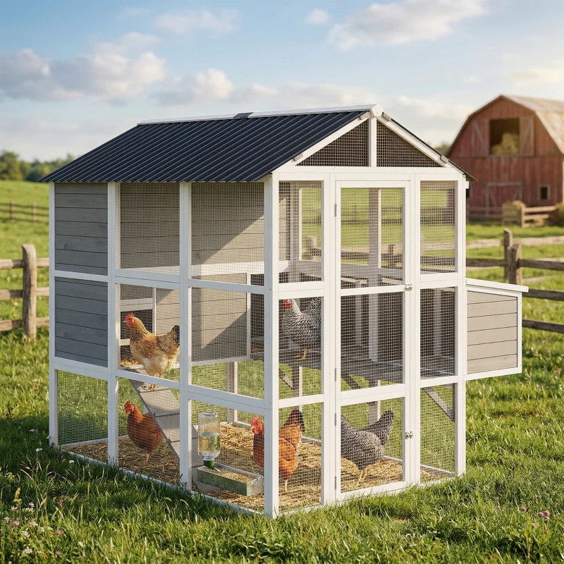 PawHut 77" Large Chicken Coop for 6-8 Chickens, Outdoor Wooden Hen House Poultry Cage with Run, Nesting Boxes, Waterproof Roof
