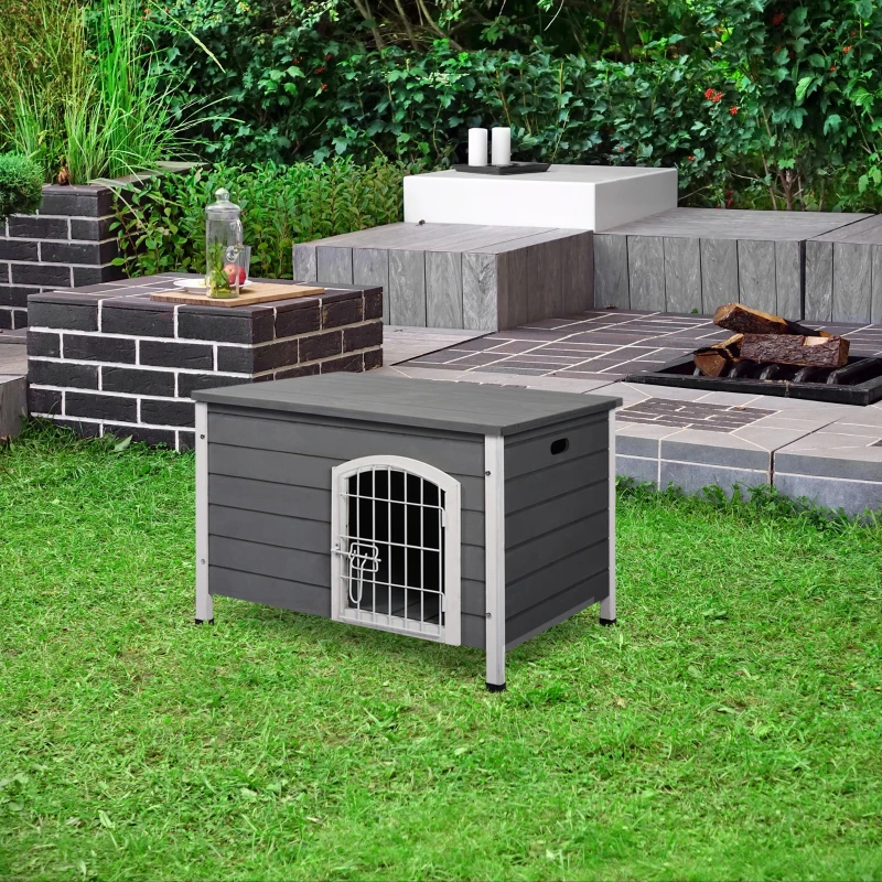 PawHut 31"L Wooden Decorative Dog Cage Kennel Wire Door with Lock Small Animal House with Openable Top Removable Bottom Gray