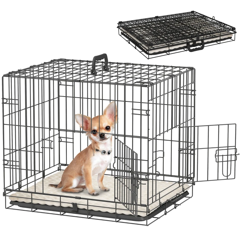 PawHut 24" Dog Crate with 2 Doors, Folding Metal Dog Cage with Soft Cushion, Removable Tray, Handle for Extra Small Dogs, Black