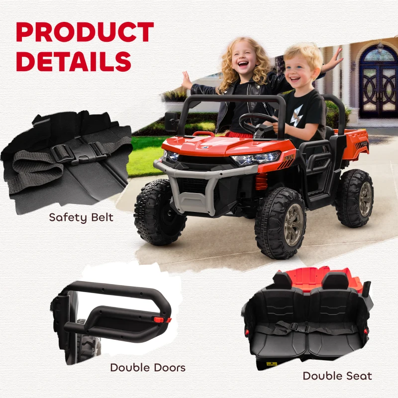 Aosom 12V Ride on Car with Electric Bucket, Two-Seater, Shovel, Remote Control, Spring Suspension, Horn, Music, Red