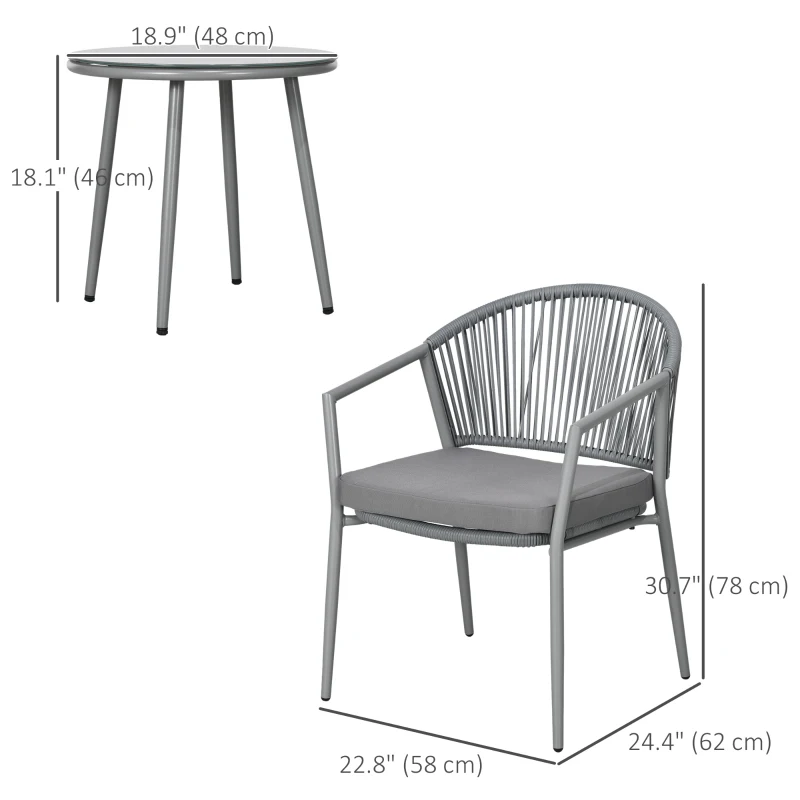Outsunny 3-Piece Rattan Bistro Set, Garden Seating Group with 2 Armchairs and Coffee Table, Balcony Furniture Set, Grey
