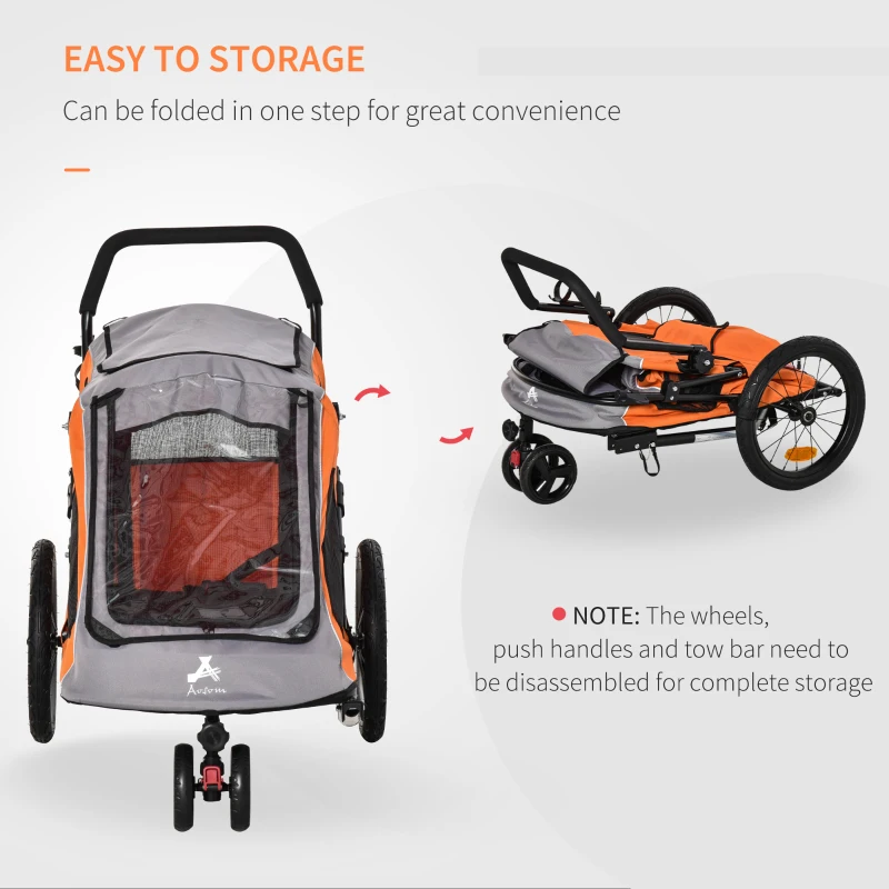 Aosom Dog Bike Trailer 2-In-1 Pet Stroller Cart Bicycle Wagon Cargo Carrier Attachment for Travel with 360 Swivel Wheel Reflectors Parking Brake Straps Cup Holder Orange