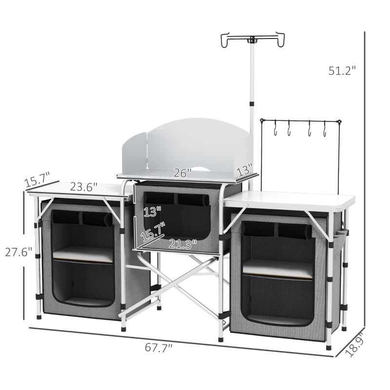 Outsunny Aluminum Camping Kitchen, Portable Folding Camping Table with Fabric Cupboards, Windshield, Bag for BBQ, Picnic, Gray