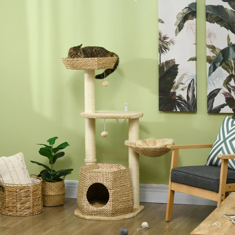 PawHut Cat Tree, 47" Cat Tower for Indoor Cats with Cattail Fluff Cat Condo, Cat Beds, Jumping Platform, Natural