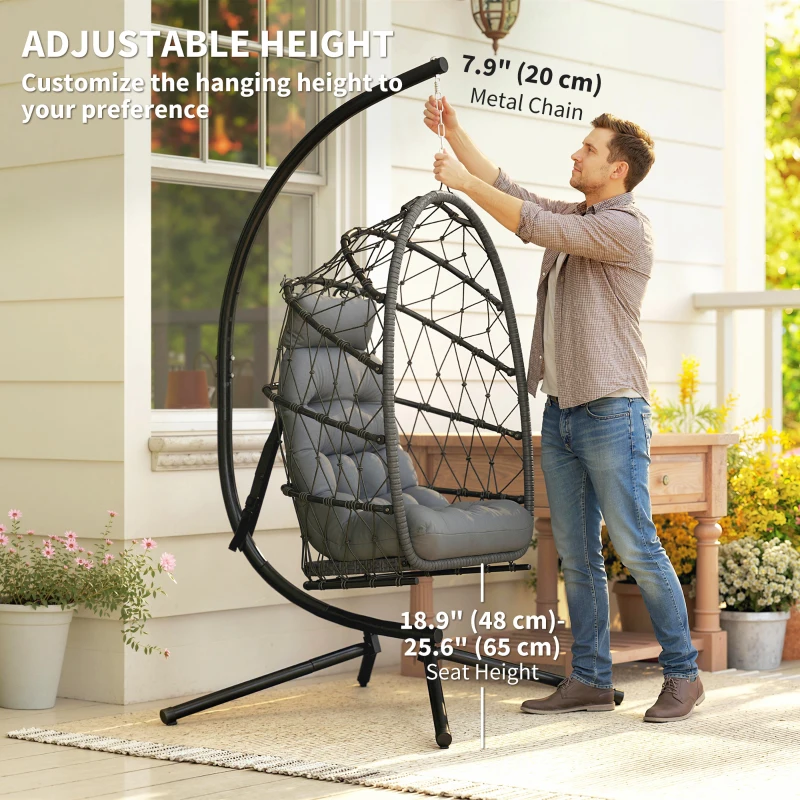Outsunny Hanging Egg Chair with Stand, Foldable Wicker Rattan Swing Chair with Thick Cushion and Safety Rope, Grey