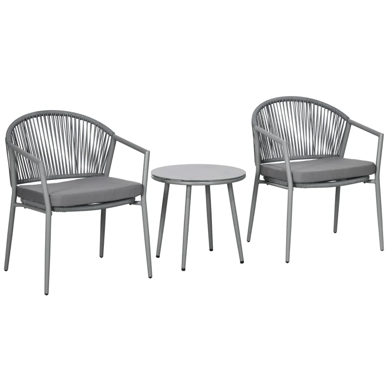 Outsunny 3-Piece Rattan Bistro Set, Garden Seating Group with 2 Armchairs and Coffee Table, Balcony Furniture Set, Grey