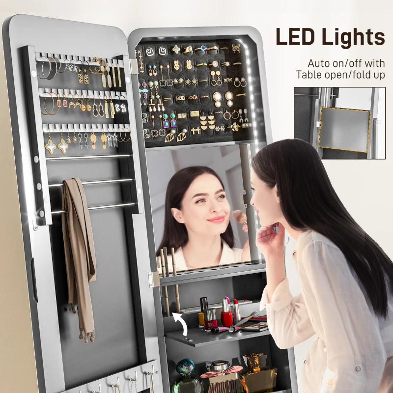 HOMCOM Standing Mirror Jewelry Cabinet, Jewelry Storage Cabinet with LED Lights and Angle Adjustable Full Length Mirror, Grey