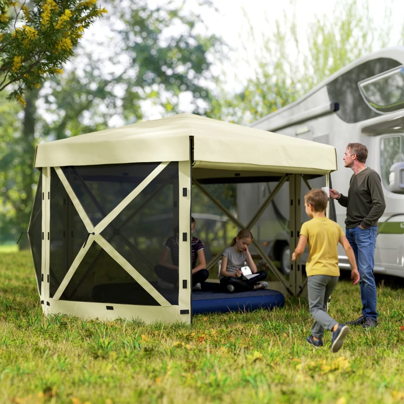 Outsunny 12' x 12' Hexagonal Pop Up Gazebo Canopy Tent with 5 Sidewalls, Outdoor Canopy Shelter with Carry Bag, Beige