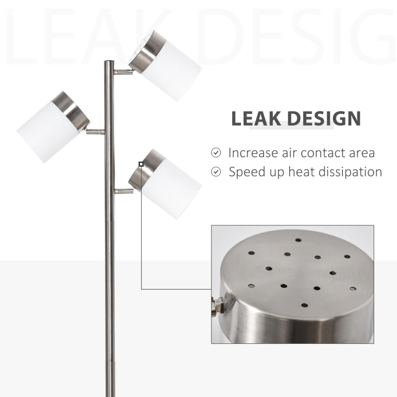 HOMCOM Modern Floor Lamp, Standing Lamp with 3 Rotating Lights for Living Room, Bedroom, Office, Silver