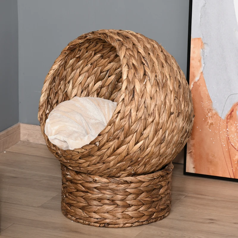 PawHut Handwoven Elevated Cat Bed with Soft Cushion & Egg Chair Shape, Basket Bed Kitty House with Stand, Raised Wicker House for Indoor Cats, 23.5" H, Light Brown