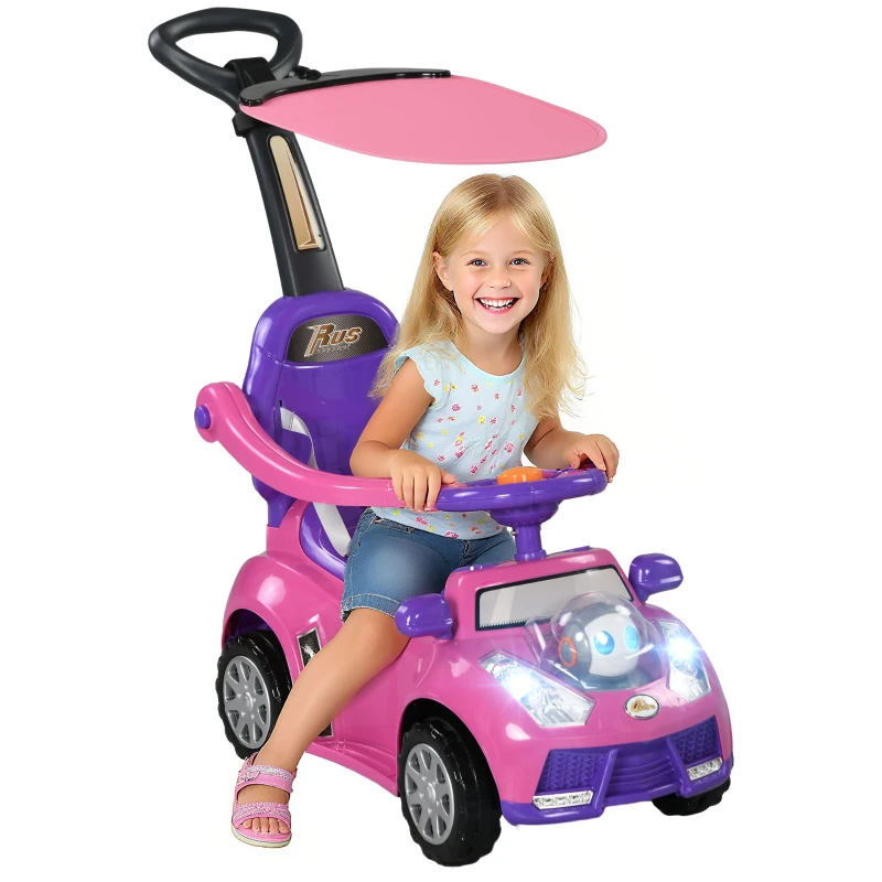 Qaba 3 in 1 Kids Push Car Toddler Sliding Car, Foot to Floor Design with Music, Light, Handle, Removable Canopy, Pink