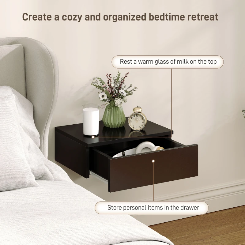 HOMCOM Set of 2 Wall Mounted Bedside Tables, Floating Nightstands with Drawer for Bedroom, Black