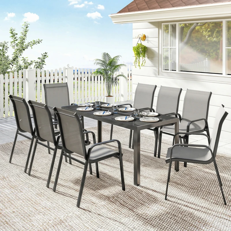 Outsunny 9 Pieces Patio Set with Stackable Chairs, Patio Dining Set with Glass Top for Garden, Patio, Backyard, Light Grey