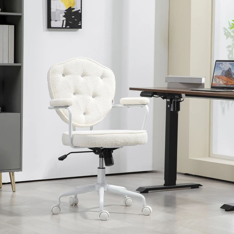 HOMCOM Cute Office Chair, Desk Chair with Button Tufted Teddy Bear Fleece, Swivel Computer Vanity Chair, Cream White