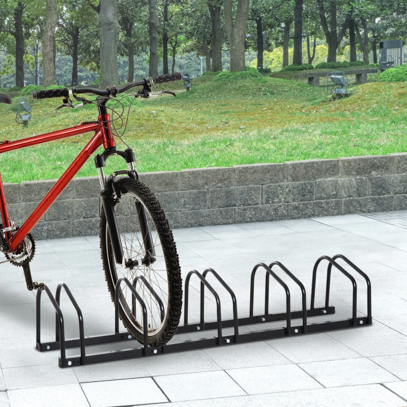 HOMCOM 5-Bike Bicycle Floor Parking Rack Cycling Storage Stand Ground Mount Garage Organizer for Indoor and Outdoor Use Black