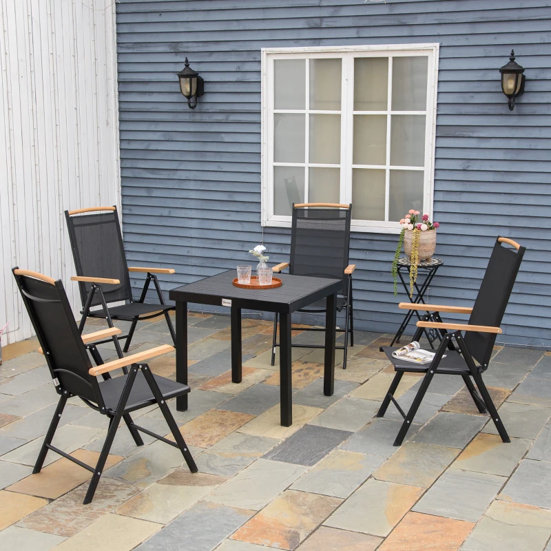 Outsunny 5 Piece Outdoor Furniture Patio Dining Set For 4, Square Outdoor Dining Table, Adjustable Reclining Folding Chairs, Black