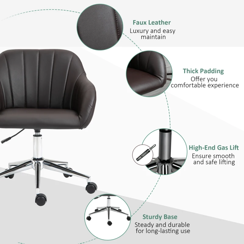 Vinsetto Mid Back Home Office Chair Computer Desk Chair with PU Leather, Adjustable Height, Swivel Wheels for Study, Bedroom, Brown
