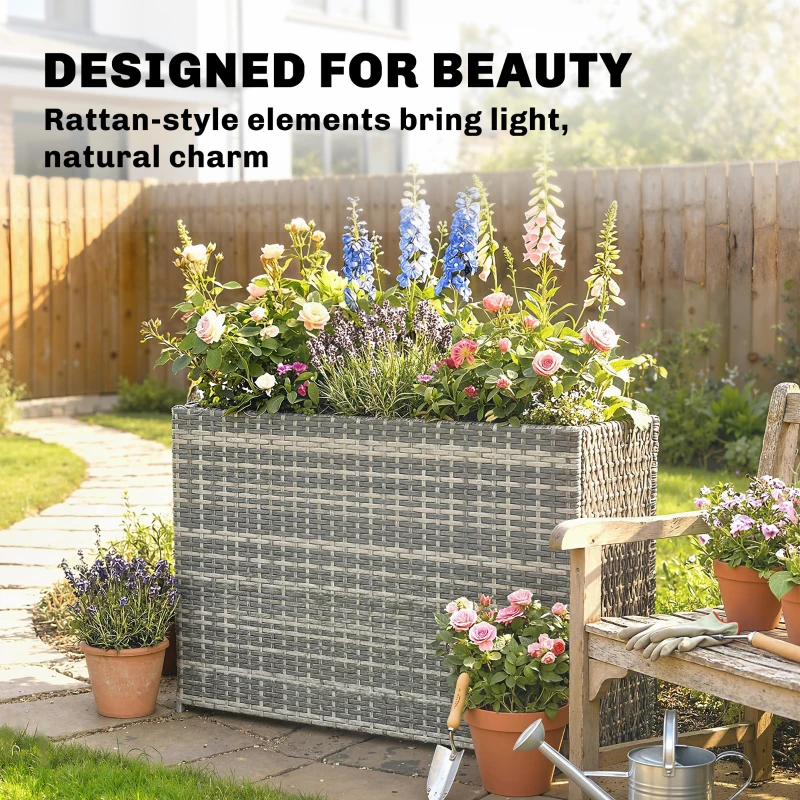 Outsunny Tall Rectangular Planter with Removable Liner, Holes, PE Wicker Large Planter Box for Indoor Outdoor Plants, Gray