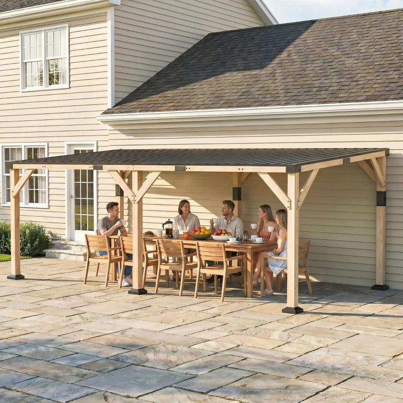 Outsunny 10' x 20' Wooden Gazebo, Hardtop Lean-to Gazebo Pergola with Galvanized Steel Sloped Roof, Light Walnut